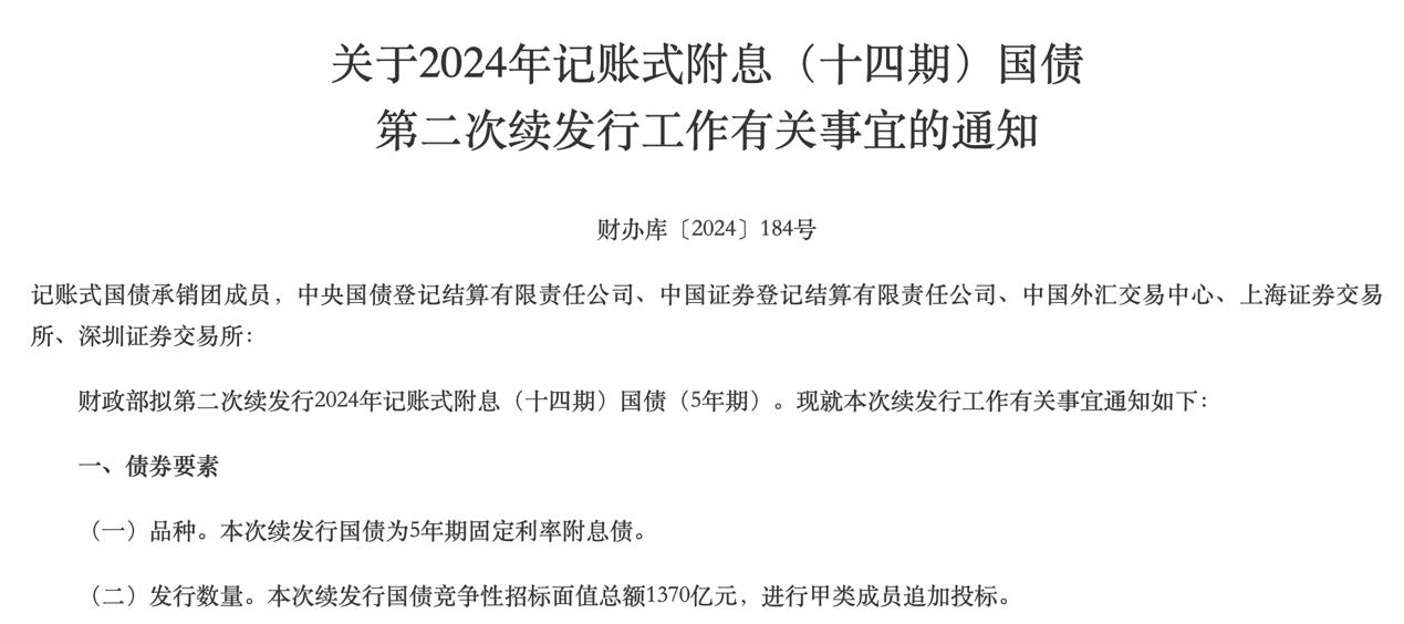 财政部拟第一次续发行2024年记账式附息（二十三期）国债（10年期）
